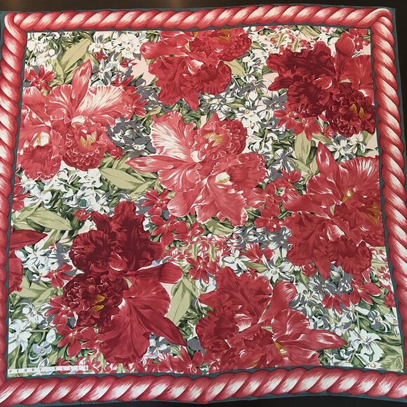 Vintage PERRY ELLIS Silk Scarf 35" Red Green White Lavender Flowers - Picture 1 of 12